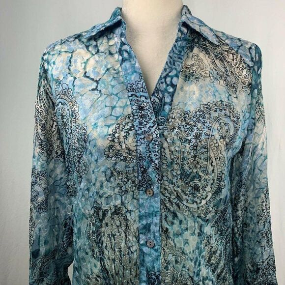 Chicos Flocked Button Up Shirt 0 Blue Black Paisley Sheer Collared V Neck Fitted - Picture 1 of 3